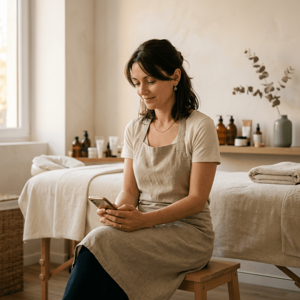 Une patronne d'institut de beauté consulte son téléphone en fin de journée, l'expression apaisée